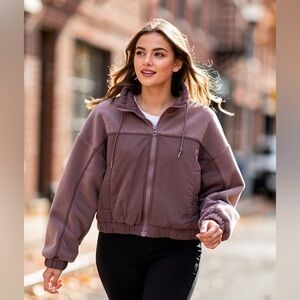 Urban Outfitters Cropped Fleece-Lined Hooded Jacket Mauve Zip Up Size M